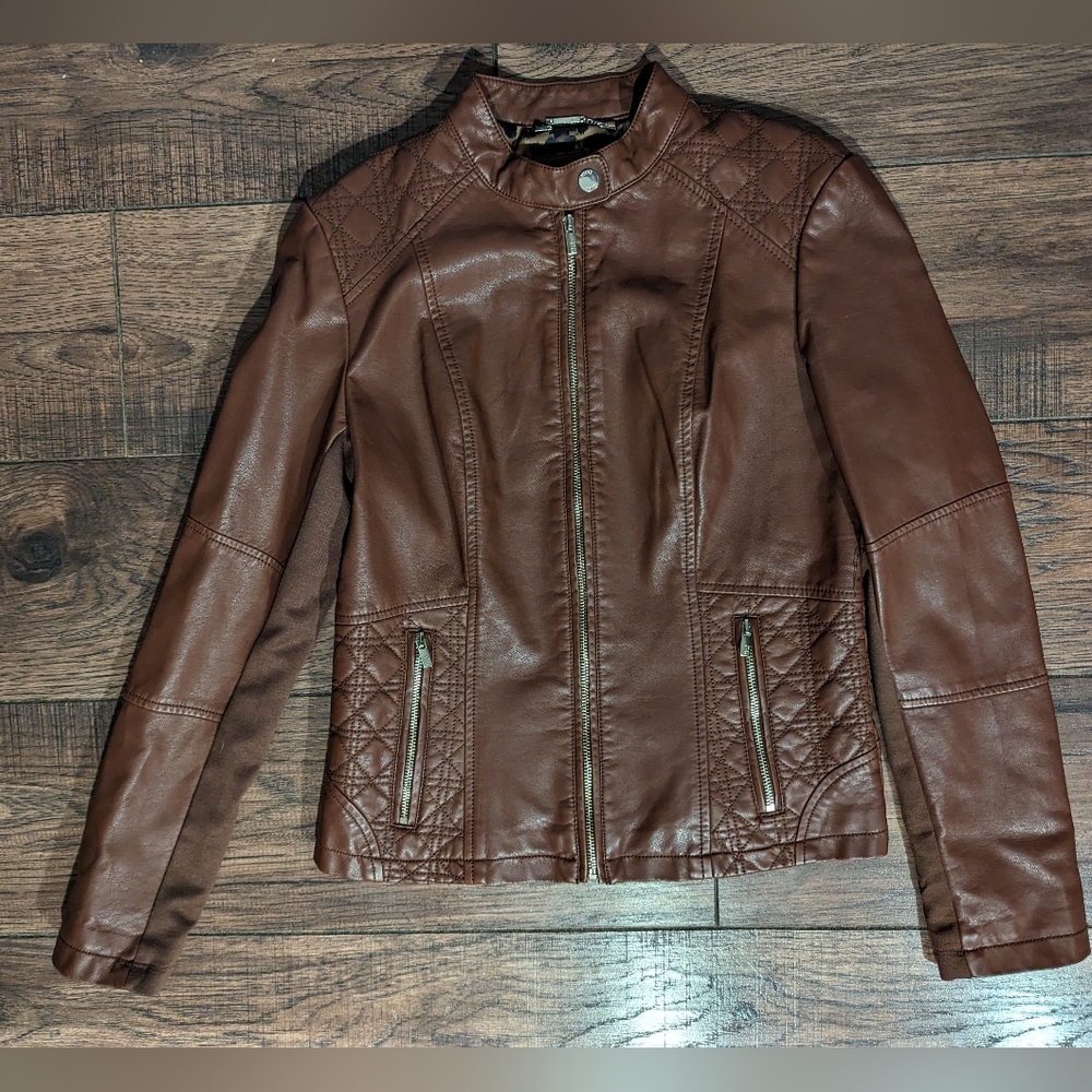 Black Rivet Faux Leather Jacket Deep Brown w/ Leopard Print Lining Zippers Small